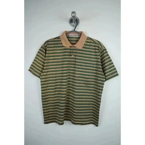 Vintage Men's Large Slim Fit Polo Tee Stripes Green Brown Piere Cardin #563